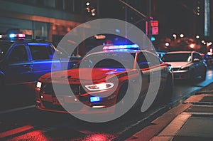 Police lights and Police car in New York. Police car with red and blue emergency. Emergency vehicle lighting.