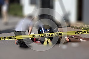 Police line with blurred medic law enforcement background photo