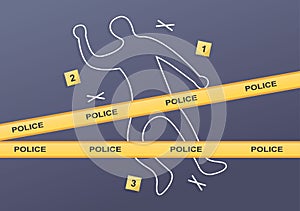 Police Line at the Crime Scene with Chalk Outline of Murdered victim of Gun Violence on the Road and Evidence on Flat Cartoon