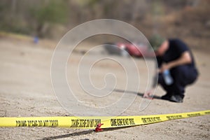 Police line do no cross with blurred law enforcement background