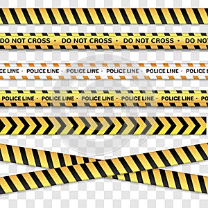 Police line and do not cross, Caution lines Warning tapes. Danger signs isolated on a transparent background.