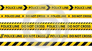 Police line do not cross tape set. Yellow and black caution stripes collection. Danger area or crime scene zone stripes