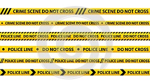 Police line do not cross tape set. Yellow and black caution stripes collection. Danger area or crime scene zone stripes