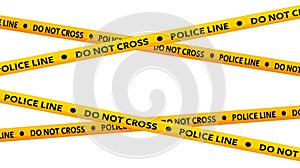 Police line do not cross tapes. Crossed yellow and black caution stripes. Danger area or crime scene zone stripes