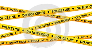 Police line do not cross tapes. Crossed yellow and black caution stripes. Danger area or crime scene zone stripes