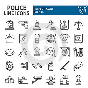 Police line icon set, security symbols collection, vector sketches, logo illustrations, safety signs linear pictograms