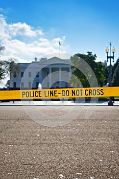 Police line tape in front of the White House. With copyspace.