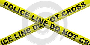 Police line. Warning yellow tape isolated cutout against white background. 3d illustration