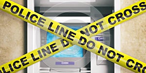 Police line. Warning yellow tape, text do not cross, blur ATM background. 3d illustration