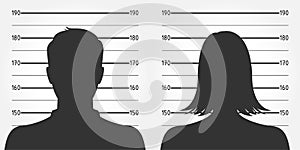 Police lineup or mugshot of anonymous male & female silhouettes