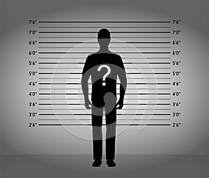 Police lineup. Mugshot silhouette of anonymous man with question mark