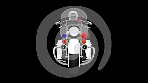 Police motorcycle with blinking flash lights riding officer front view looped animation