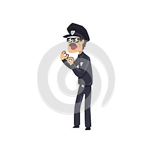 Police officer in blue uniform and sunglasses eating donut, policeman cartoon character vector Illustration on a white