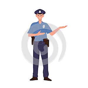 Police officer cartoon character wearing uniform pointing aside standing isolated on white