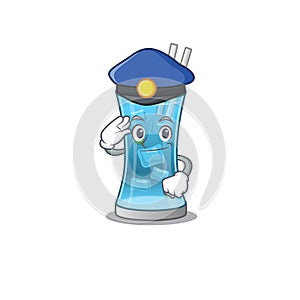 Police officer cartoon drawing of blue hawai cocktail wearing a blue hat