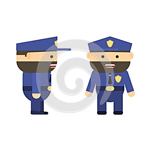 Police officer in cartoon style. Vector flat policeman. Character for game. Patrolman in uniform. Bearded man