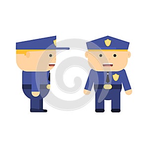 Police officer in cartoon style. Vector flat policeman. Patrolman in uniform. Character for game. Young man