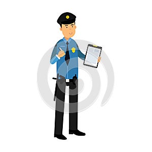 Police officer character in a blue uniform holding clipboard with form for police report Illustration