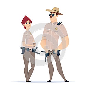 Police officer couple in the uniform standing. Police characters. Public safety officers. Guardians of law and order