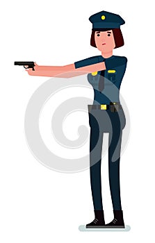 Police officer with a hand gun in his hands. Policewoman with a gun on the job. Vector flat cartoon design illustration