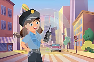 Police officer happy girl working on city street, kid policeman managing road car traffic