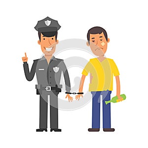 Police officer holding drunk man in handcuffs. Vector characters