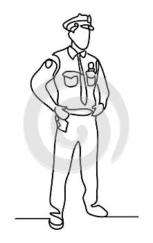 Police officer isolated on a white background. Continuous line drawing. Vector monochrome, drawing by lines