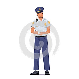 Police Officer Male Character Professional Occupation, Traffic Policeman Job. Road Inspector Wear Uniform Writing Fine