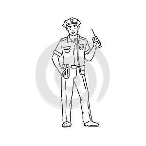 Police officer man in professional uniform. Line art style character vector black white isolated illustration.