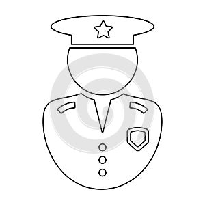 Police Officer Outline Icon. Black and white illustration pictogram icon depicting uniformed law enforcement officer with hat and