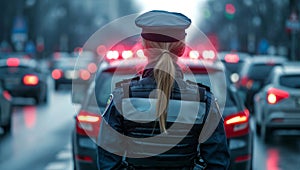 Police officer overseeing city traffic