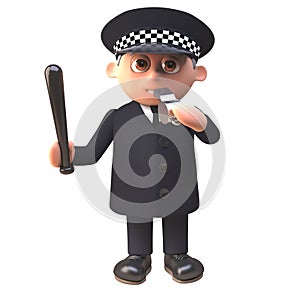 Police officer policeman 3d character blows his whistle and wields a truncheon, 3d illustration photo
