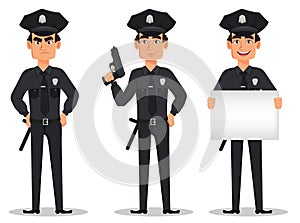 Police officer, policeman. Set of cartoon character cop angry, with a gun and with placard