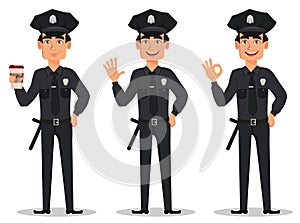 Police officer, policeman. Set of cartoon character cop with a cup of coffee, waving hand and showing ok sign.