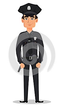 Police officer, policeman standing straight. Smiling cartoon character cop.