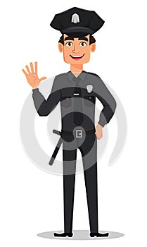 Police officer, policeman waving hand. Smiling cartoon character cop