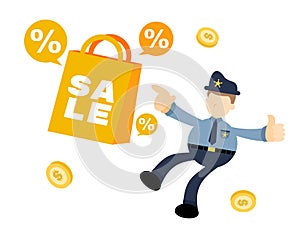 police officer and special sale shop bag cartoon doodle flat design vector illustration