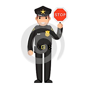 Police officer stop sign policeman law justice cop crime protection cartoon flat design character isolated vector