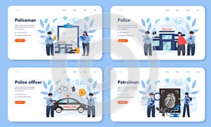 Police officer in uniform web banner or landing page set. Detective