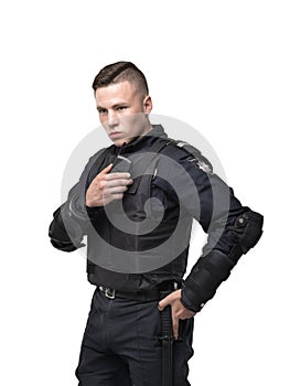 Police officer in uniform on white background