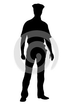 Police officer vector silhouette, outline man standing front side full-length, contour portrait male cop in a police uniform with photo