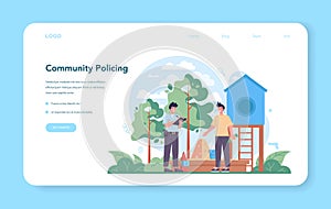 Police officer web banner or landing page. Policeman patrol the city