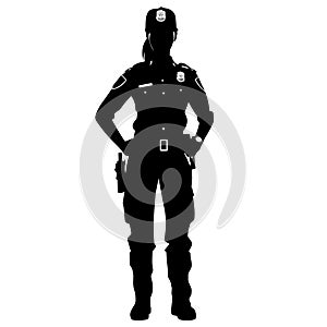 Police officer woman black icon on white background. Female police officer silhouette