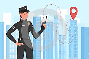 Police officer working in cityscape, cartoon policeofficer patrol character with walkie talkie