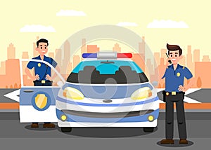 Police Officers and Car Flat Vector Illustration