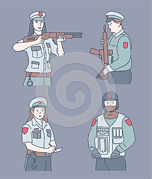 Police officers cartoon vector illustration. Security guards holding weapons and issuing fines.