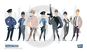 Police officers collection, police man and police woman team. Cops and officers security in uniform standing together