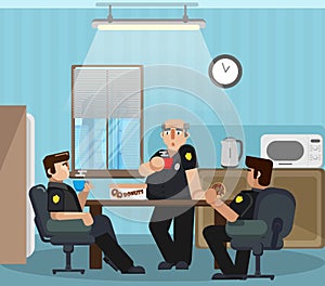 Police officers have a rest, drink coffee and donuts in a specially designated room.