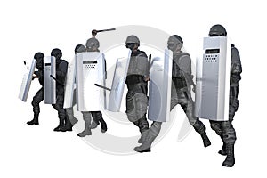 Police officers marching and attacking on revolt isolated on white background - military 3D Illustration, protest fighting concept