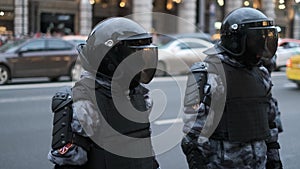 Police officers in protective body gear with armor and helmets enforce law.